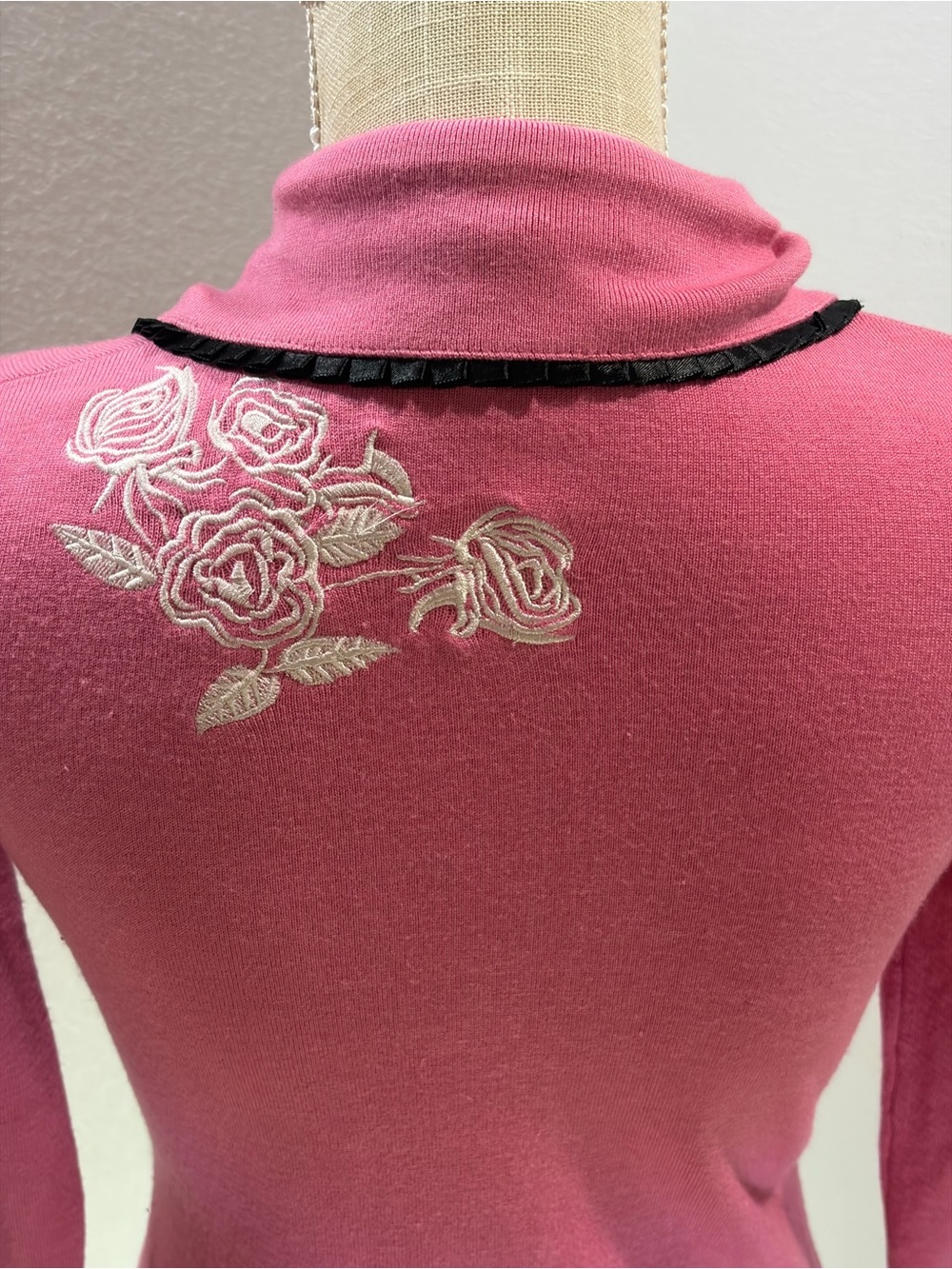 Embroidered Rose Button-Up Cardigan - Coral with Black Trim - Picture 6 of 14